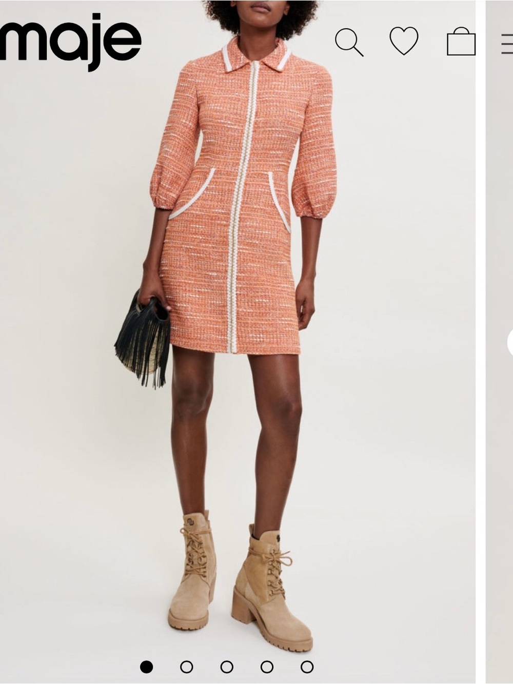 Maje coral tweed zip-front long-sleeve mini dress